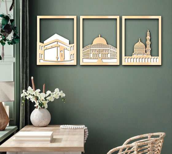 3D An Nabawi, Kaaba and Al Aqsa Wall Art - 3 Pieces